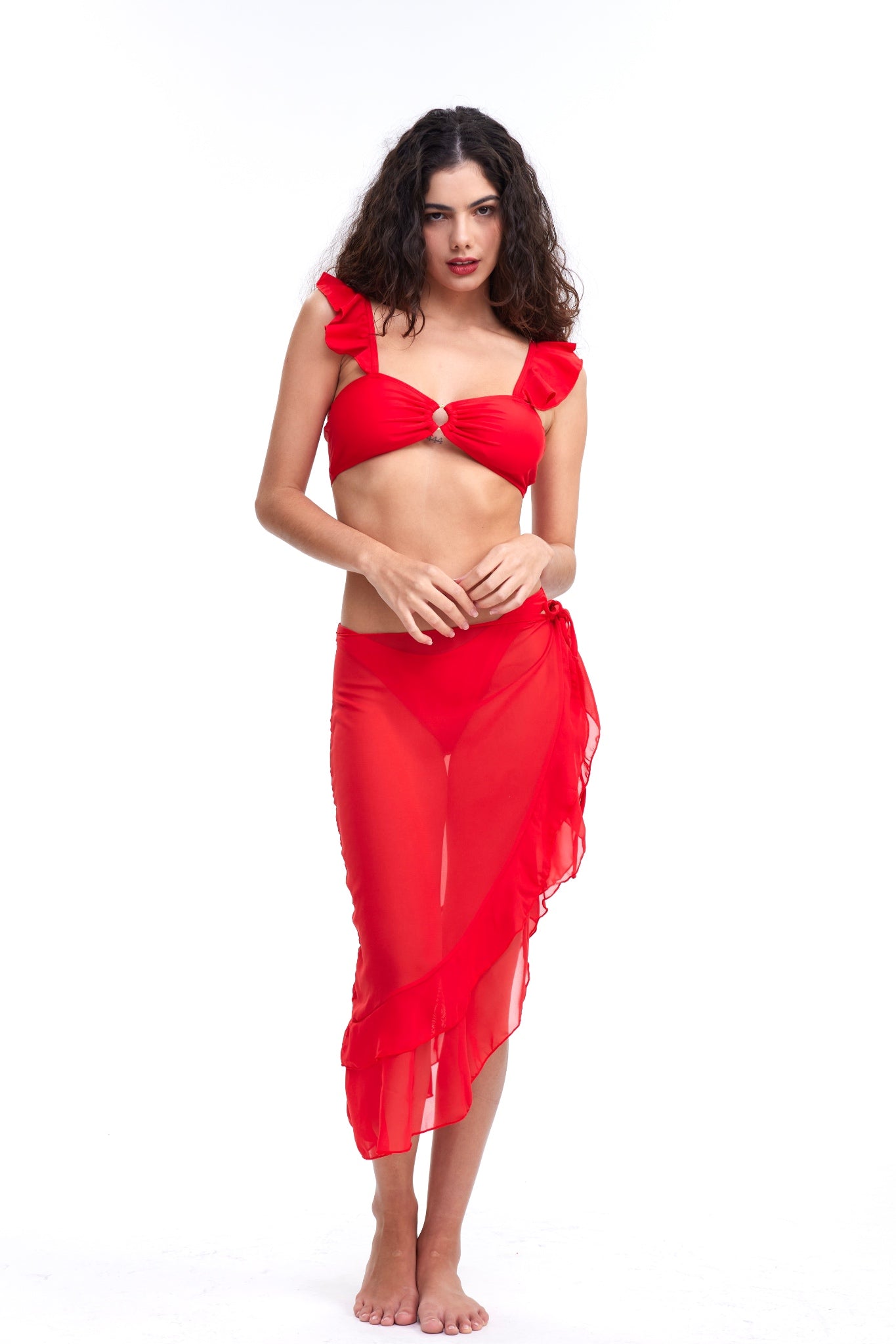 b-Flamenco Red 3 Piece Bikini & Lace Up Side Ruffle Hem Skirt