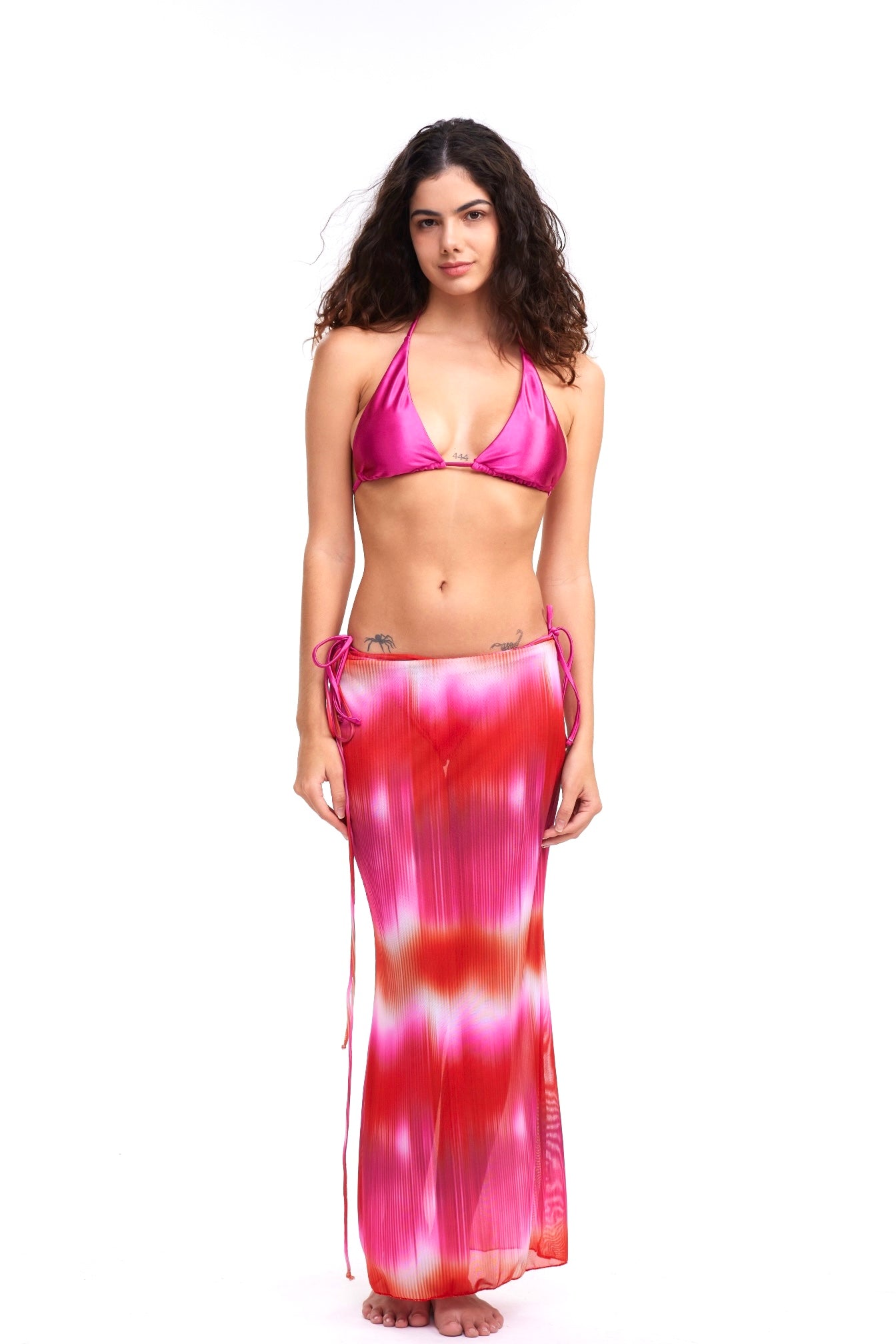 a-RosePink Shiny Silky 3 Piece Bikini & RoseSunset Tie Dyed Mesh Skirt