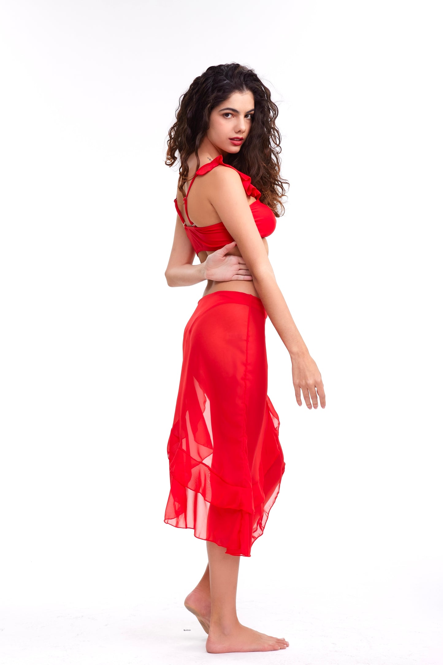 b-Flamenco Red 3 Piece Bikini & Lace Up Side Ruffle Hem Skirt