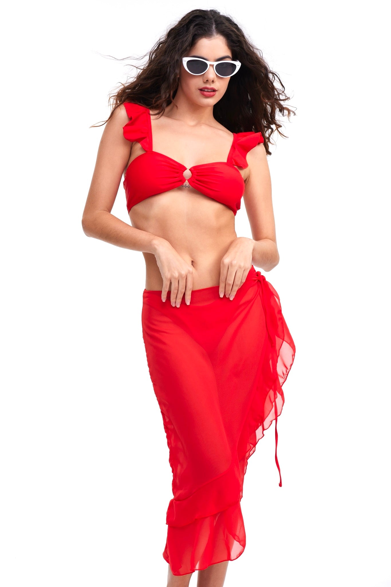 b-Flamenco Red 3 Piece Bikini & Lace Up Side Ruffle Hem Skirt