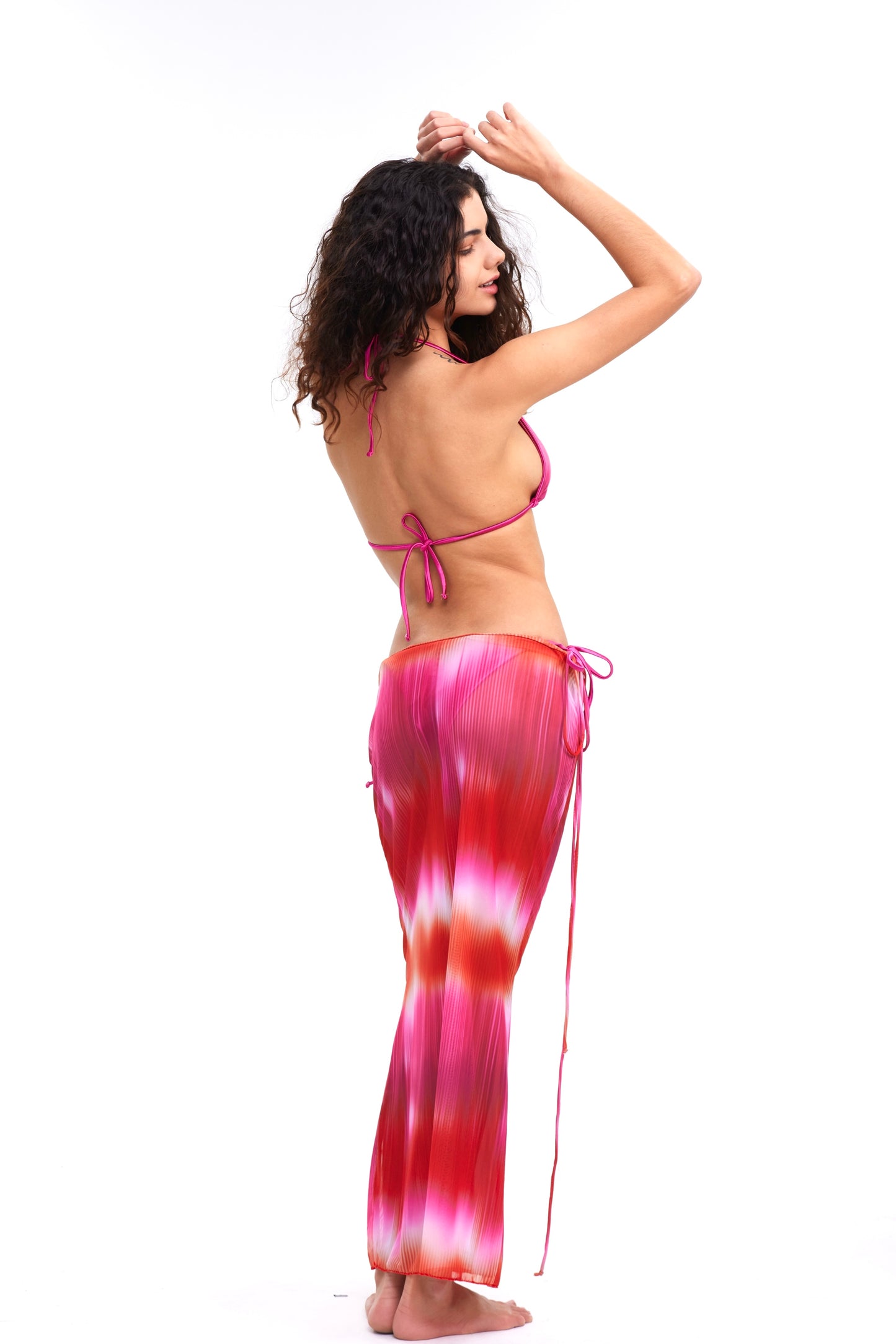 a-RosePink Shiny Silky 3 Piece Bikini & RoseSunset Tie Dyed Mesh Skirt