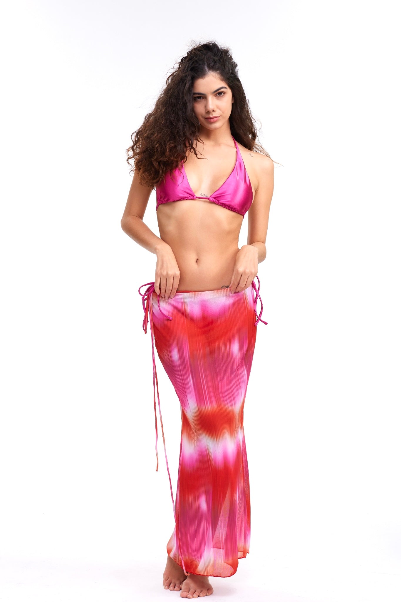 a-RosePink Shiny Silky 3 Piece Bikini & RoseSunset Tie Dyed Mesh Skirt