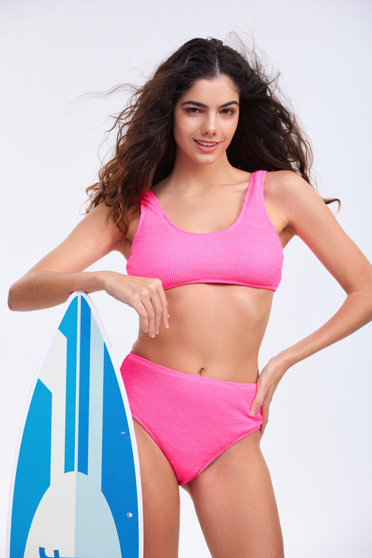 n-Hot Pink Surfing Bikini Swimsuit Solid Wrinkled Fabric