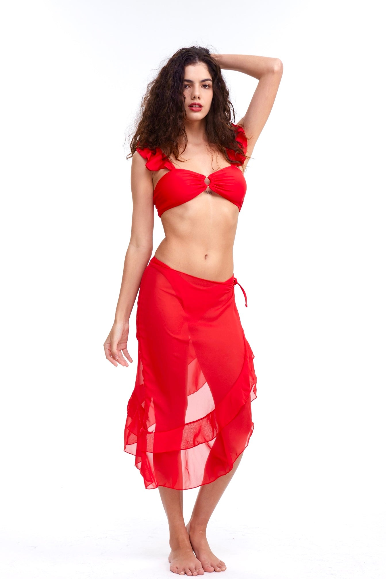 b-Flamenco Red 3 Piece Bikini & Lace Up Side Ruffle Hem Skirt