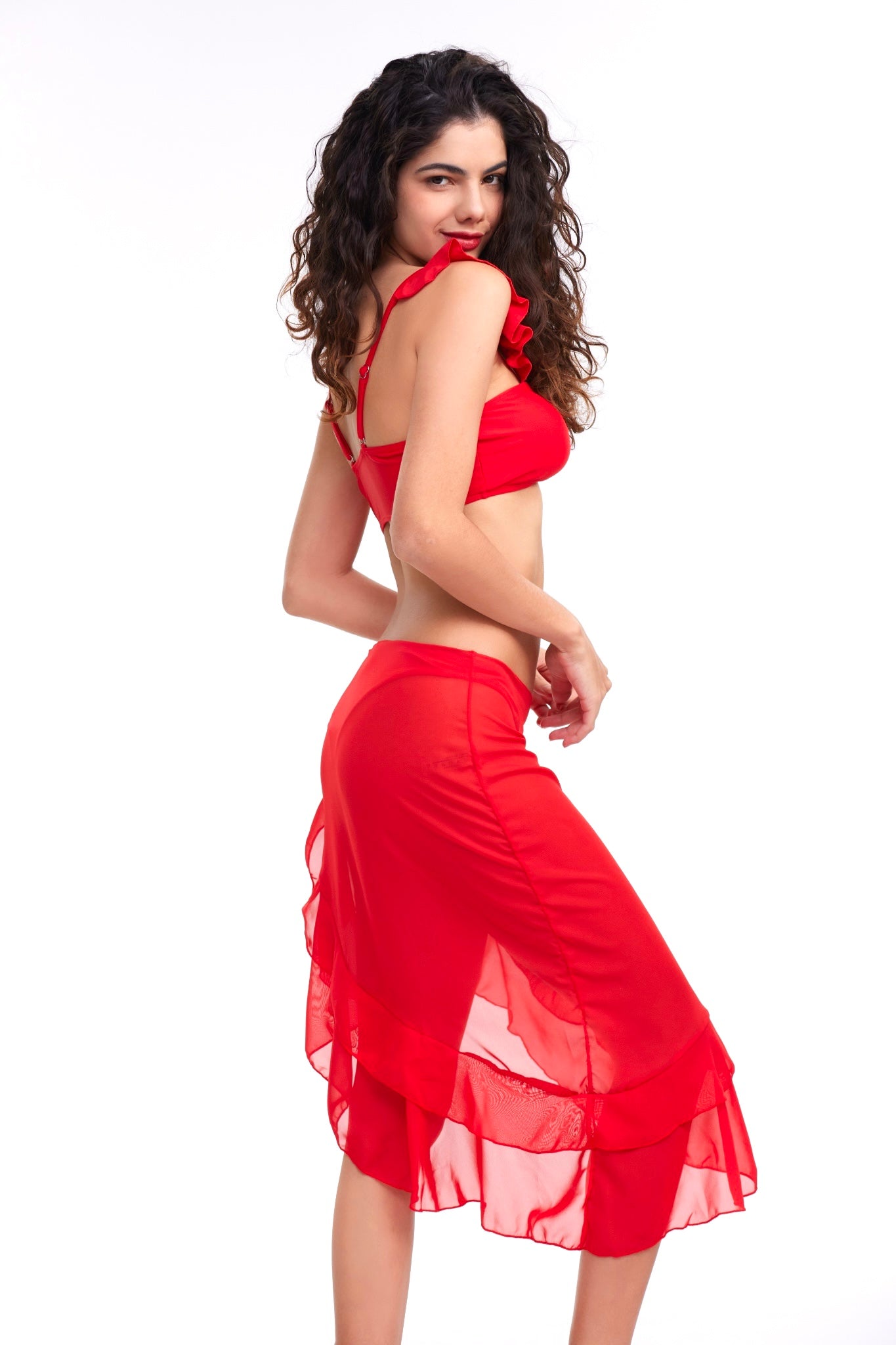 b-Flamenco Red 3 Piece Bikini & Lace Up Side Ruffle Hem Skirt