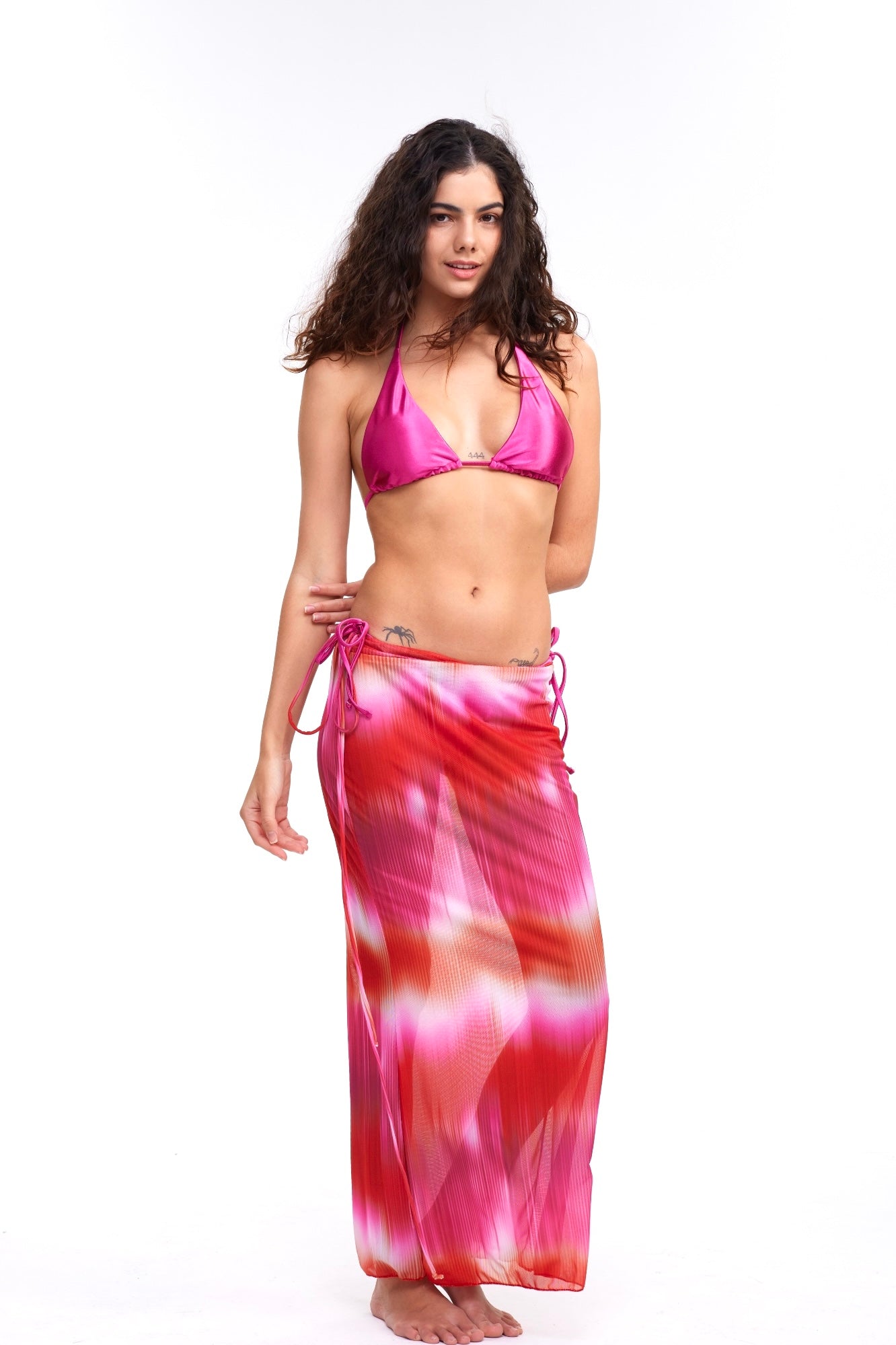 a-RosePink Shiny Silky 3 Piece Bikini & RoseSunset Tie Dyed Mesh Skirt