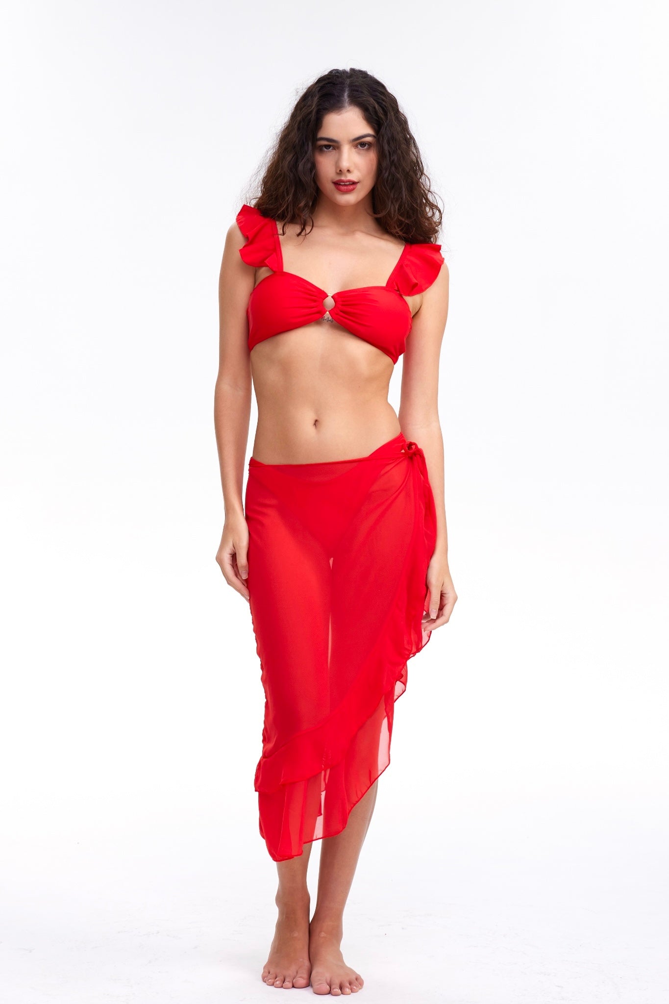 b-Flamenco Red 3 Piece Bikini & Lace Up Side Ruffle Hem Skirt